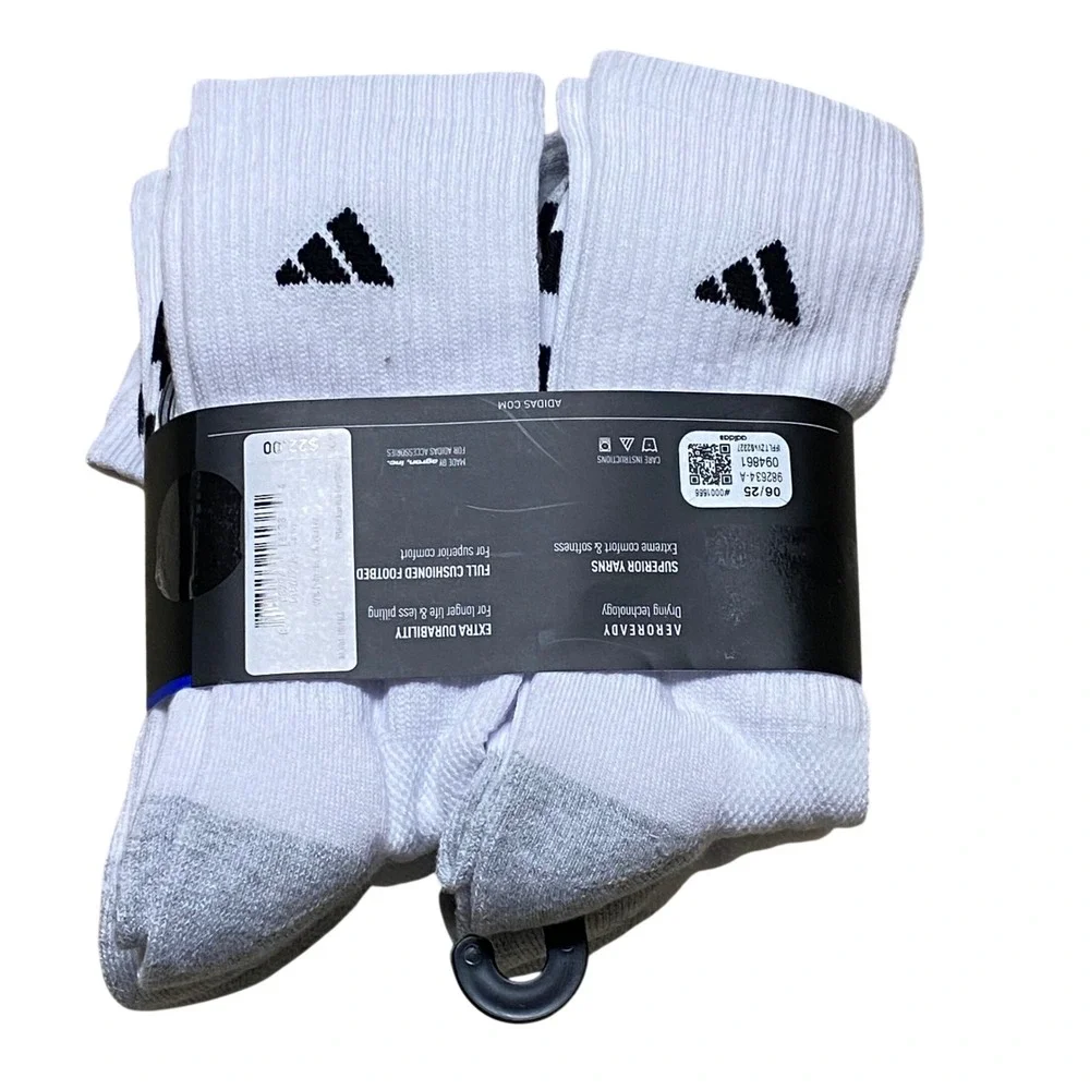 Adidas Mens Cushioned Aeroready Crew Socks 6 Pair White Black Shoe Size 6-12 NWT